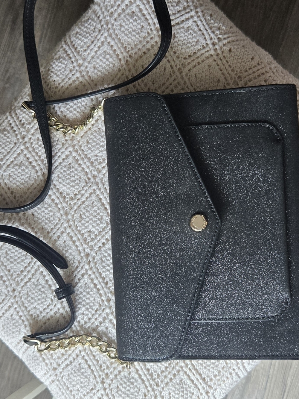 kate spade Black Glitter Crossbody with Gold Chain Detail